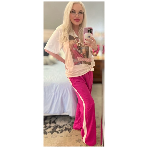 essome Pants - NEW! Essome Hot Pink Wide Leg White Tuxedo Stripe High Waist Pants w/Pockets!